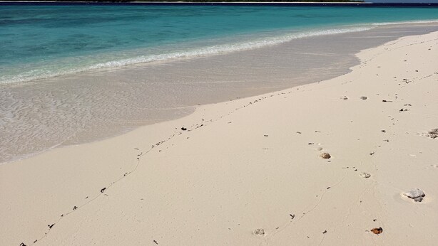 A beach with clear turquoise water, white sand, and a distant landmass.
