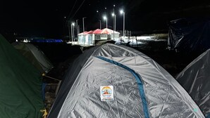 Una carpa con un logotipo y un número de contacto, rodeada de otras carpas y un edificio con luces al fondo.