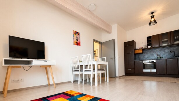 Een moderne woonkamer met een flatscreen televisie, witte stoelen, een kleurrijk vloerkleed, een keuken met donkere kasten en een plafondlamp.