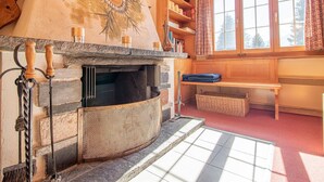 Une pièce chaleureuse avec une cheminée en pierre, des étagères en bois et une grande fenêtre agrémentée de rideaux.