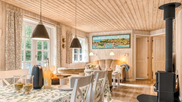 Une pièce chaleureuse avec un plafond en bois, une table recouverte d’une nappe à motifs de feuilles, un canapé, un fauteuil, un tableau accroché au mur et un poêle noir.