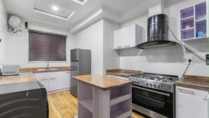 Een moderne keuken met een gasfornuis, oven en een ingebouwd kookeiland met een granieten werkblad.