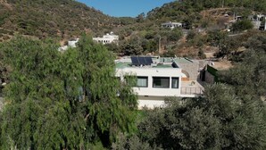 A modern building with a flat roof, surrounded by dense greenery and hills in the background. - Therapy Igloo (Bodrum)