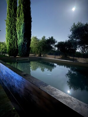 Piscina con un reflejo cristalino, rodeada de árboles y una valla.