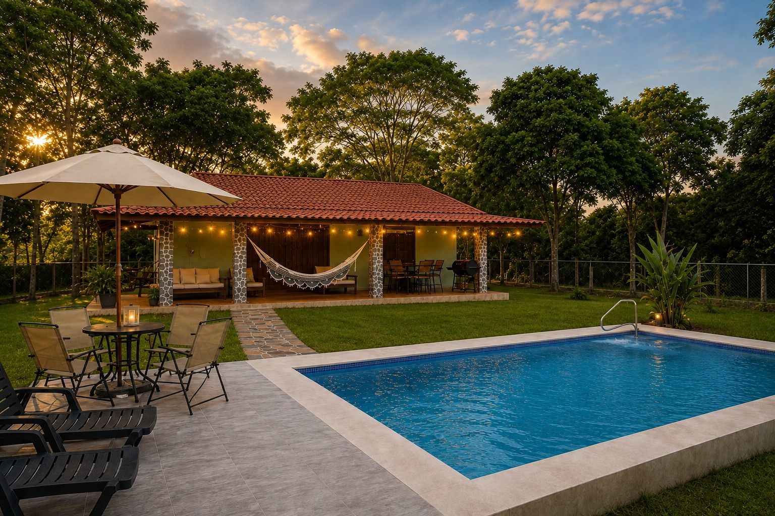 A backyard with a swimming pool, outdoor furniture, and a covered patio area.