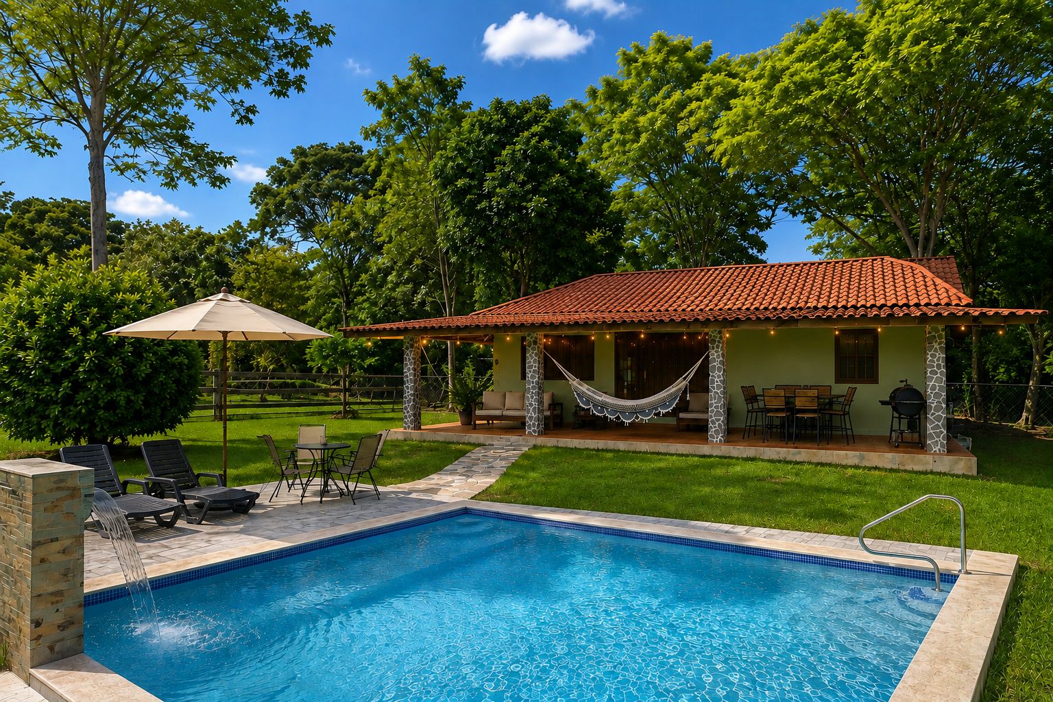 Una piscina con zona de patio, un espacio de estar techado y vistas a un paisaje verde exuberante.