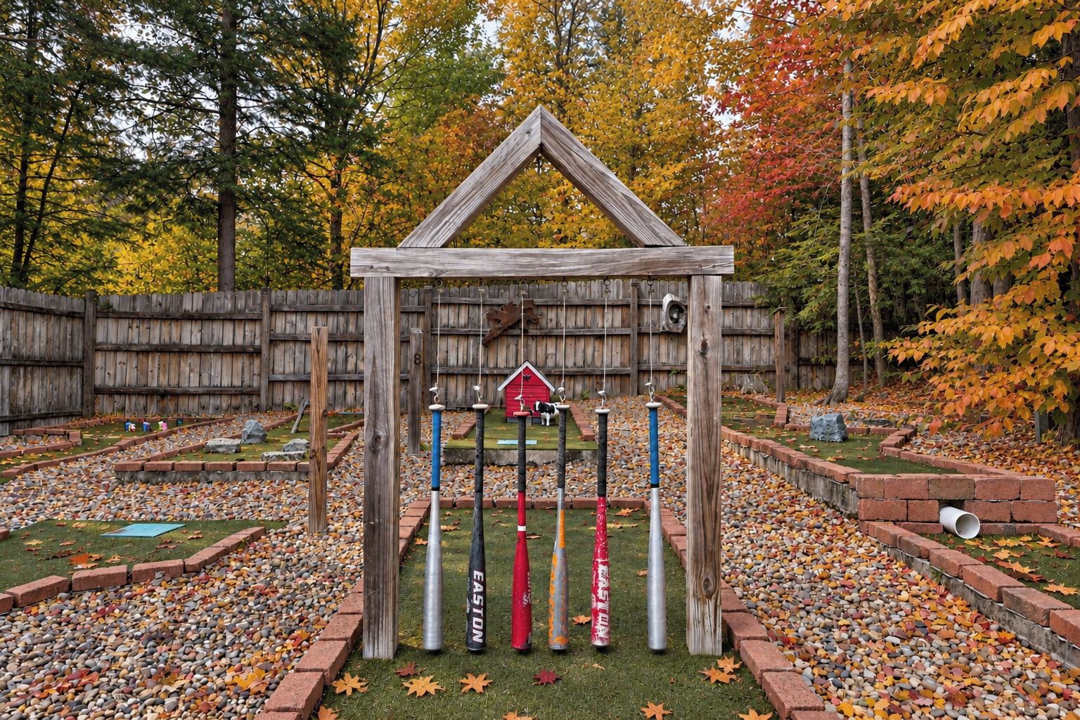 A wooden structure with a red roof and a birdhouse on top, surrounded by a garden with pebbles and fallen leaves.
