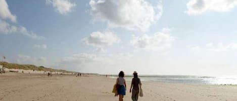 A wide sandy beach with people walking, a clear sky, and dunes in the background.
