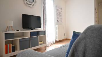 A living room with a television on a stand, a bookshelf, a radiator, and a window with curtains.