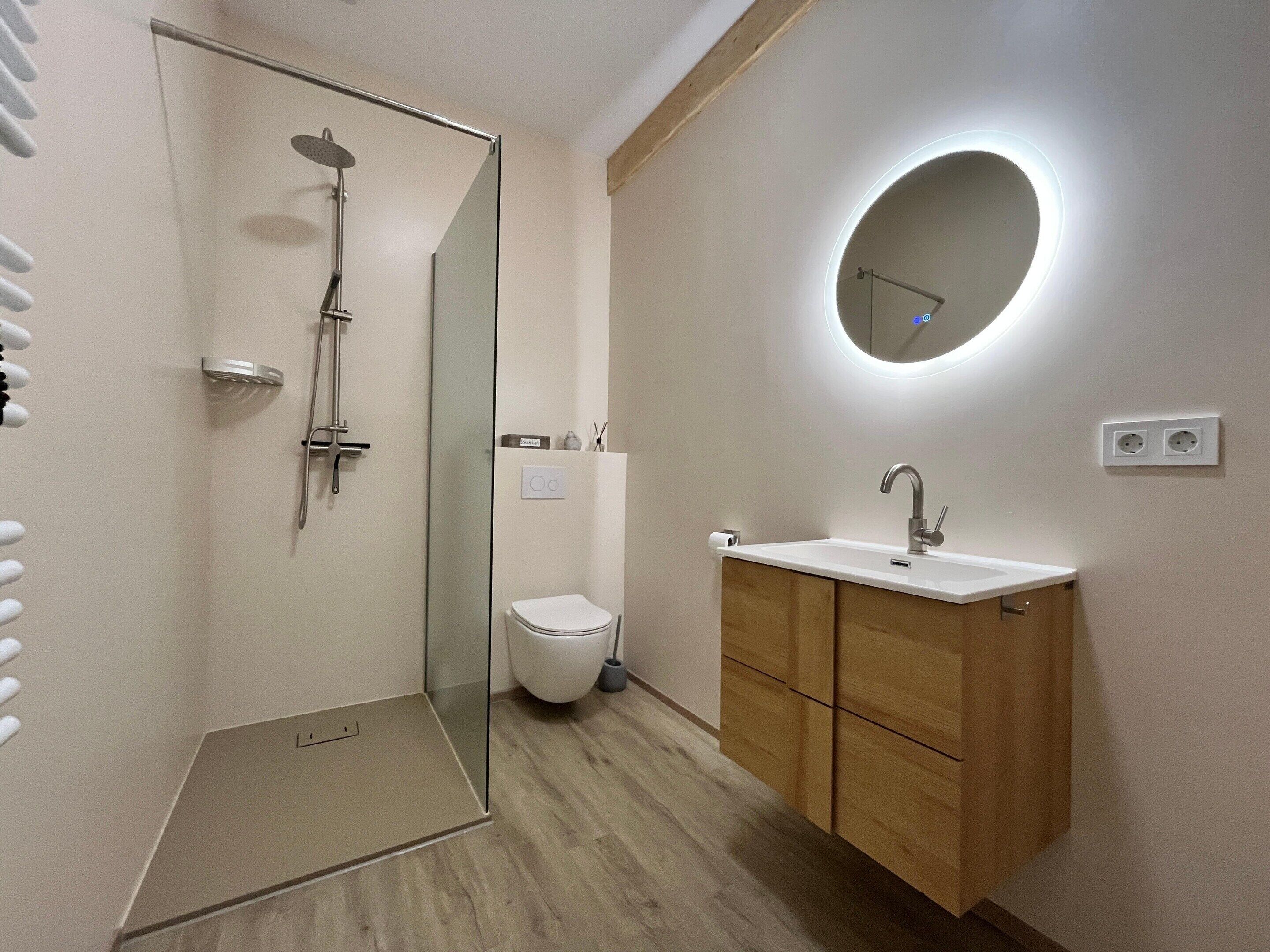 A modern bathroom with a glass-enclosed shower, a toilet, a sink with a mirror, and wooden cabinets.