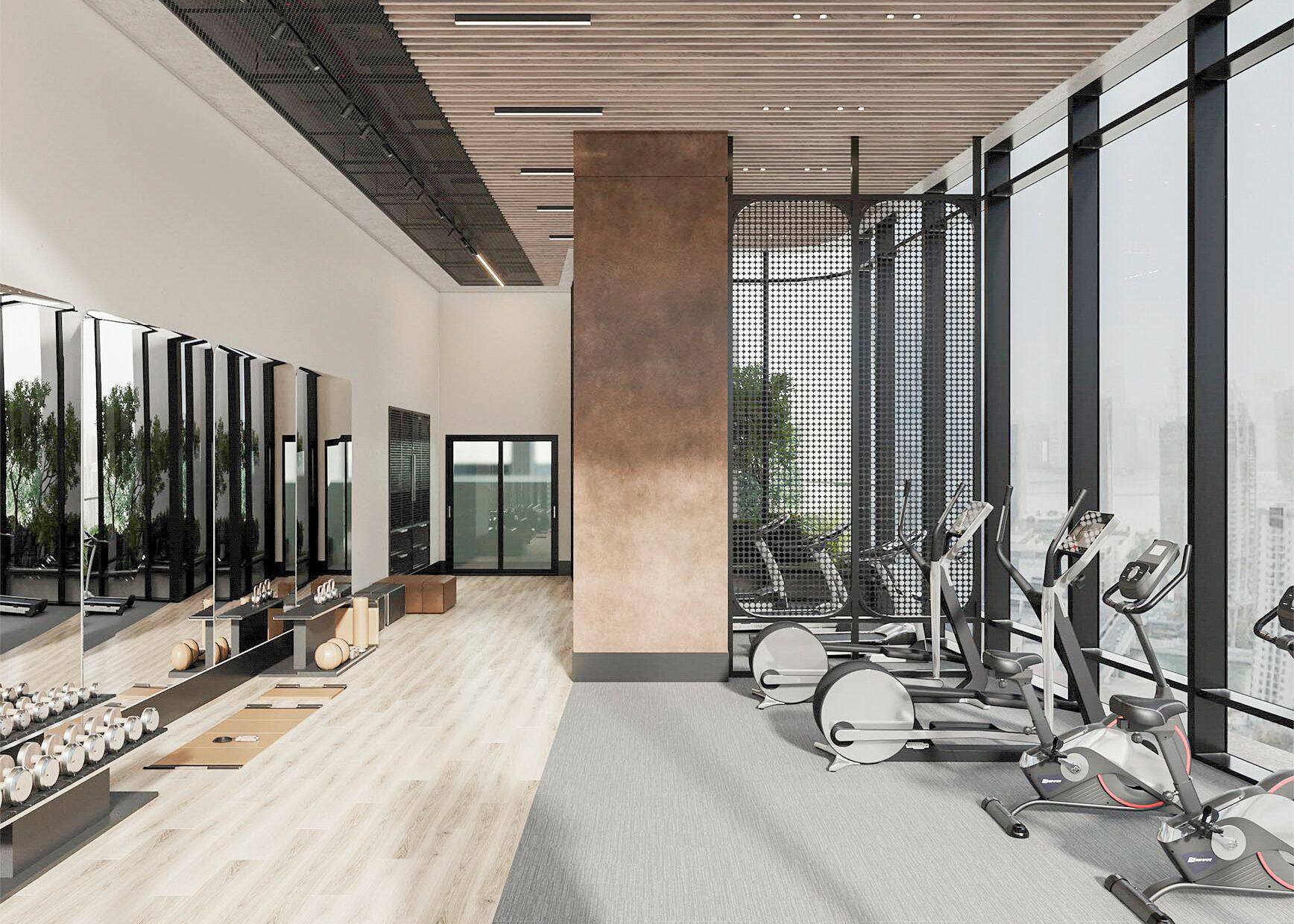 Une salle de sport moderne, dotée d’équipements d’exercice, de grandes fenêtres et d’un design minimaliste.