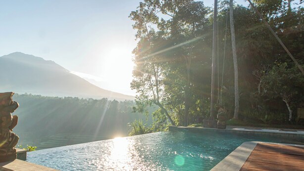 A swimming pool with a wooden deck, surrounded by lush greenery and a mountain in the background.