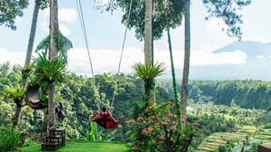 A lush garden with a swing, a bench, and a view of a distant landscape.