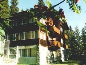 Een chalet met meerdere verdiepingen, houten balkons, grote ramen en een omringend bos.