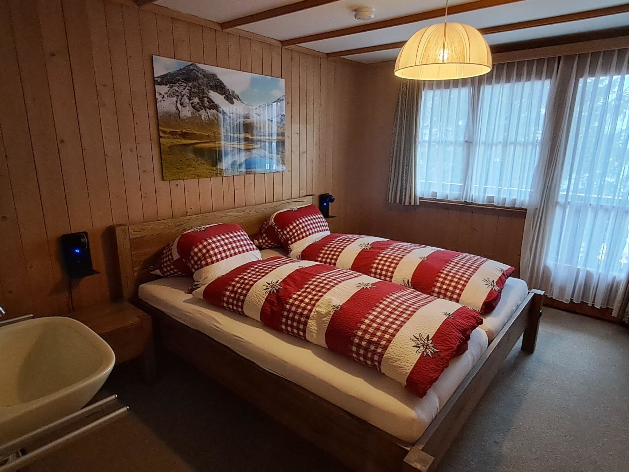 A double bed with checkered bedding, a wooden headboard, a mounted painting, a bedside lamp, a window with sheer curtains, and a wooden floor.