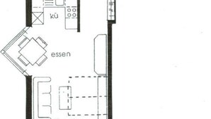 Ein Grundriss mit zwei Schlafzimmern, einem Badezimmer, einer Küche und einem Essbereich.