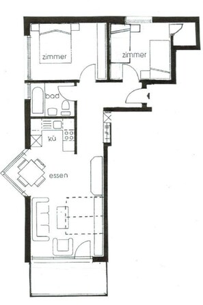 A floor plan with two bedrooms, a bathroom, a kitchen, and a dining area. - Adlerhorst Leukerbad # 6-bed apartment, Bad, WC by Interhome (Leukerbad)