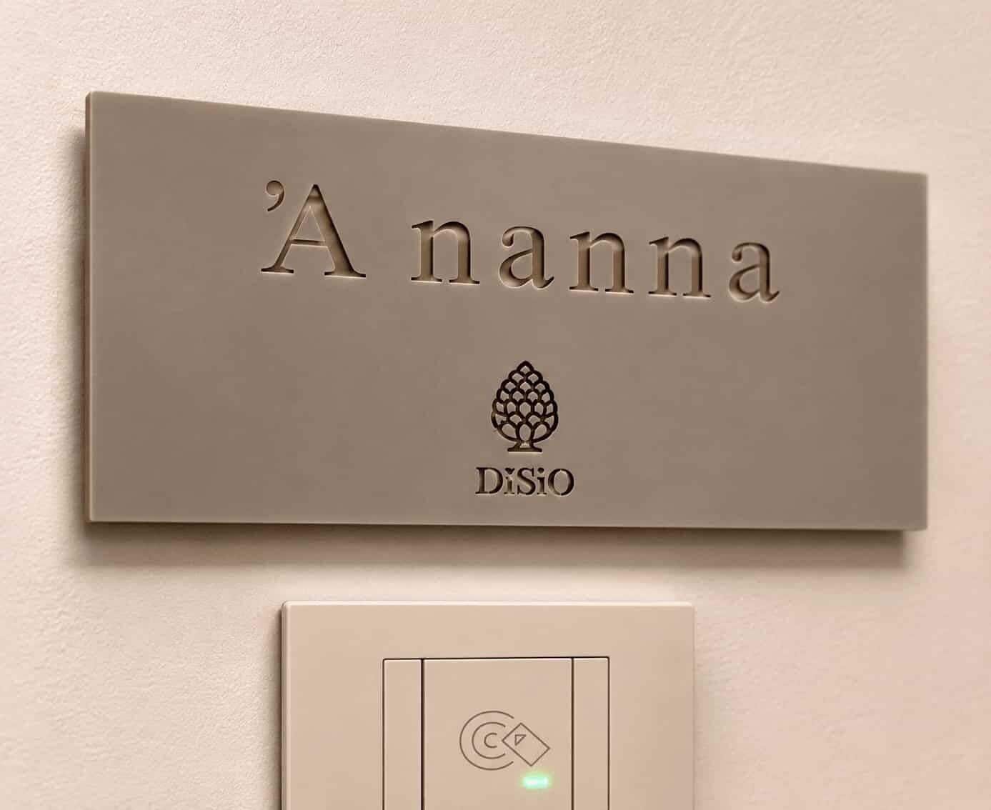 Un letrero en la pared con el nombre 'Ananna' y un logotipo, además de un panel de control debajo.