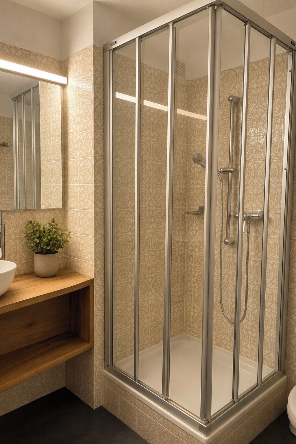 A modern bathroom with a glass-enclosed shower, a wooden vanity, and a potted plant.