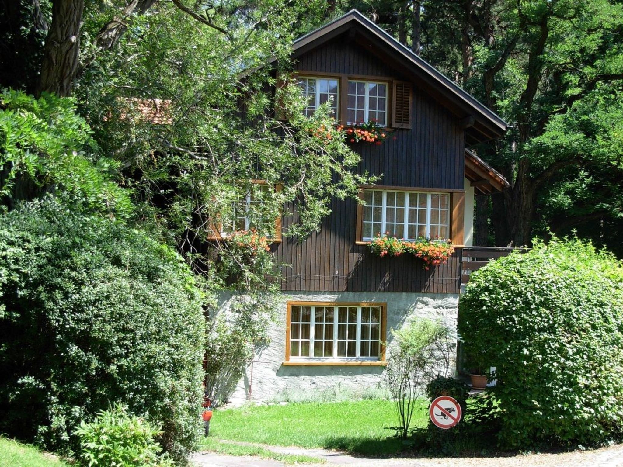 A two-story wooden house with a stone foundation, surrounded by dense greenery.