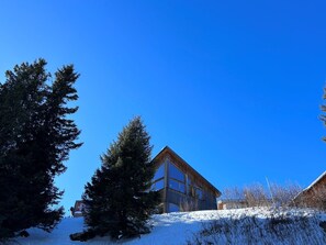 A cabin with a large window, surrounded by snow and trees.