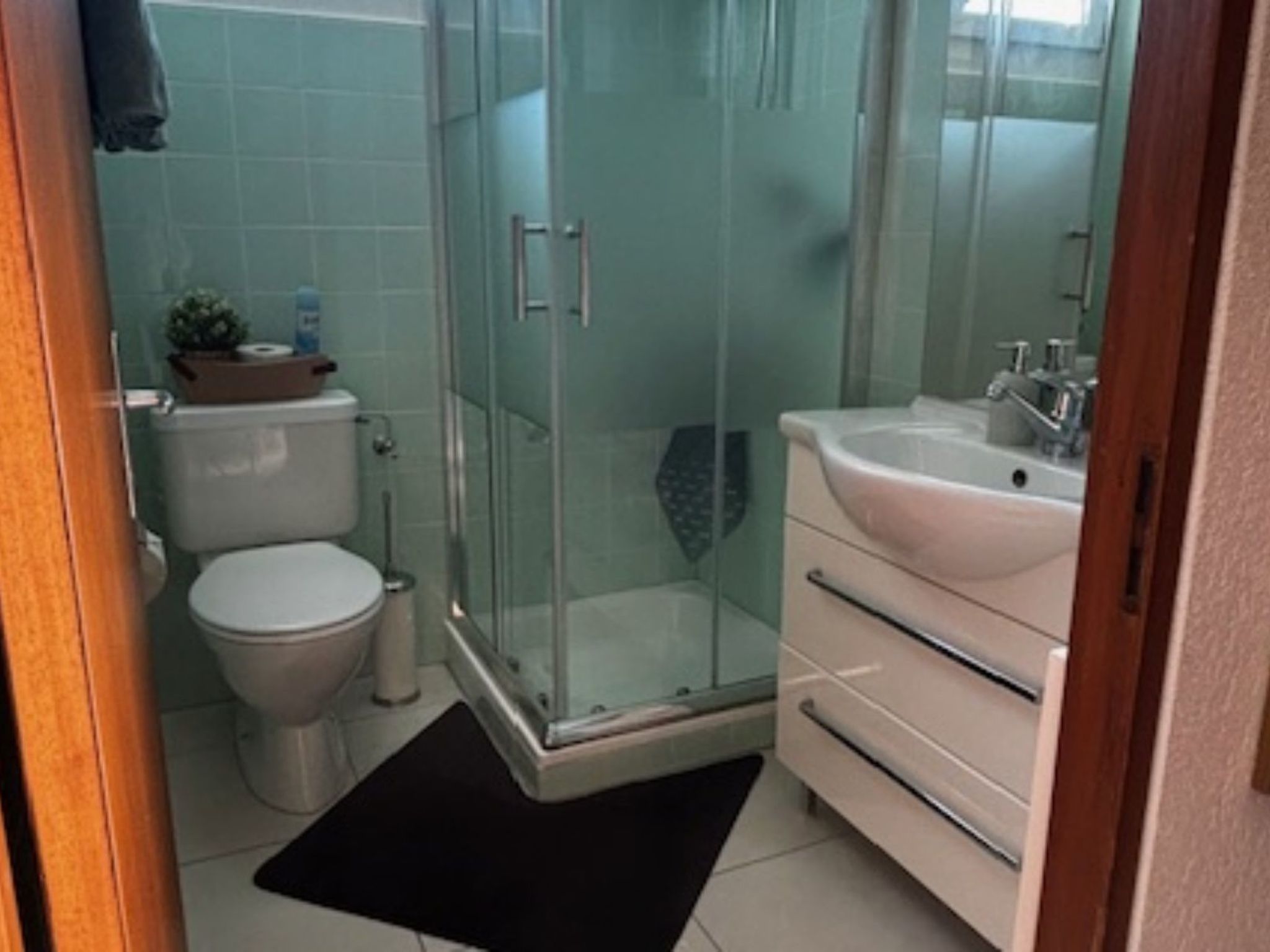 A bathroom with a toilet, a glass-enclosed shower, and a sink.