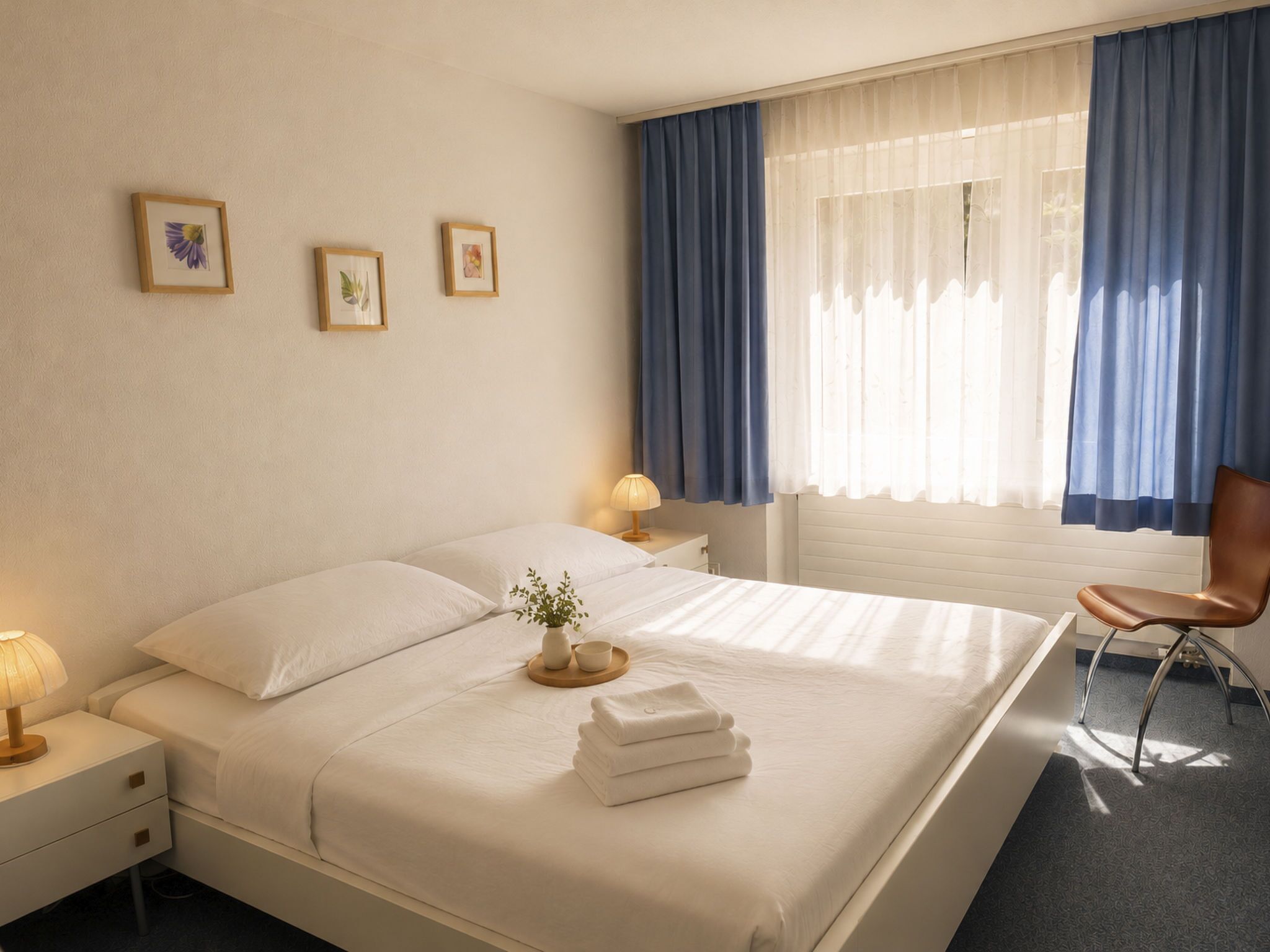 A hotel room with a bed, bedside tables, a chair, and a window with curtains.