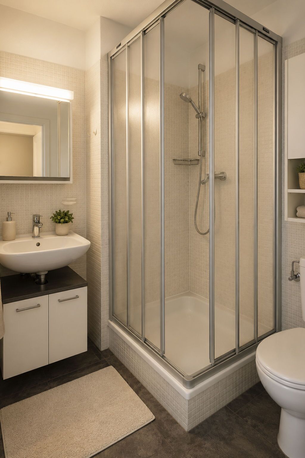 A modern bathroom with a glass-enclosed shower, a sink, and a toilet.