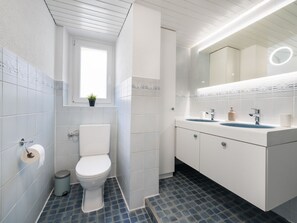 Een badkamer met toilet, wastafel en spiegel.
