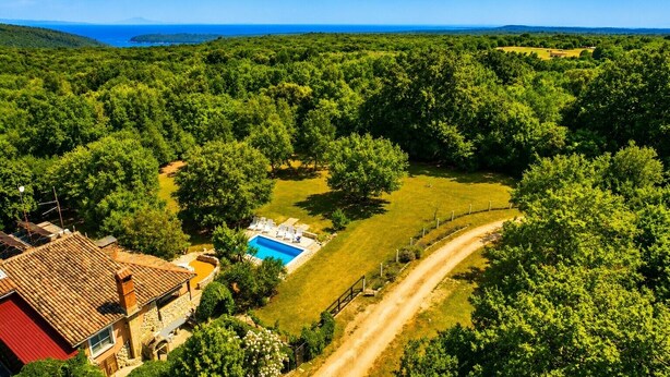 An aerial view of a property with a swimming pool, a dirt path, and dense greenery. - A house surrounded by forest. (Valtura)