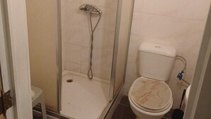 Ein Badezimmer mit Dusche, Toilette und einer kleinen Trepflage.
