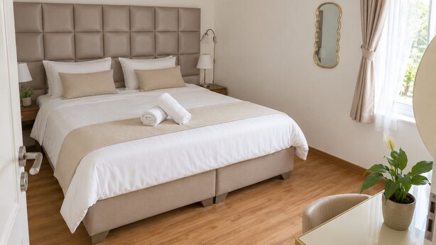 Ein ordentlich eingerichtetes Schlafzimmer mit einem Bett, Nachttischen, einem Spiegel und einer Zimmerpflanze.