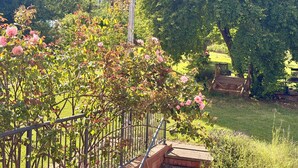 Um jardim com cerca de metal, um banco de madeira e um coreto.