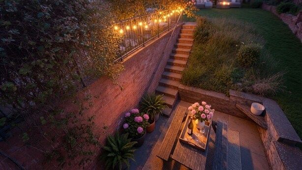 Um caminho no jardim com luzes de cordão, um banco de madeira com uma bandeja e plantas em vasos.