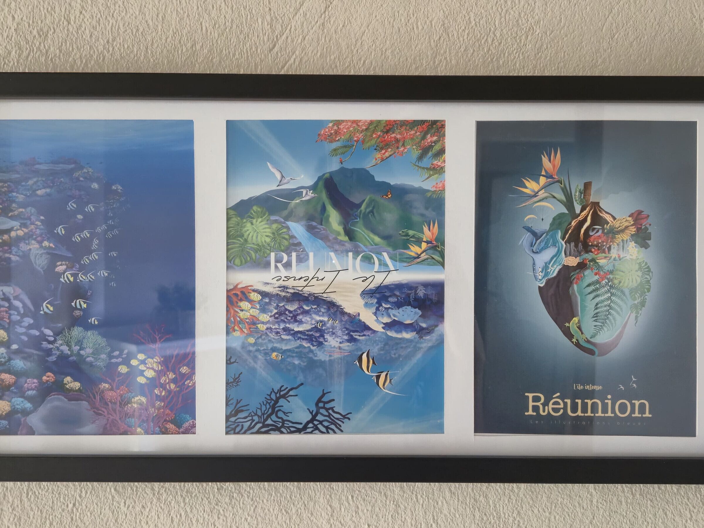 A framed set of three artworks with underwater scenes, tropical landscapes, and a floral illustration.