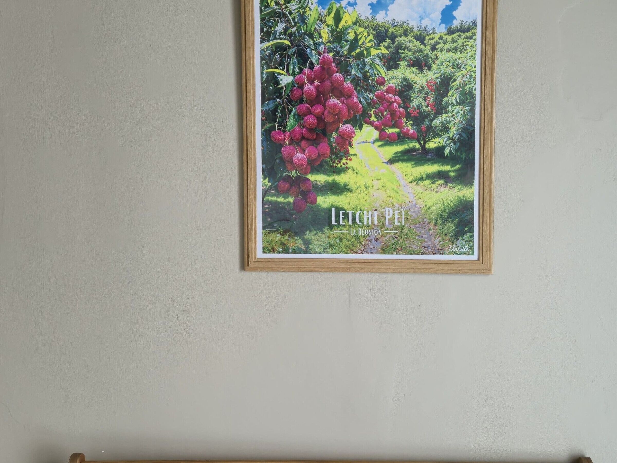 Een lijst met een afbeelding van een fruitboom met een pad, met de titel 'Letchi Pei La Reunion'.