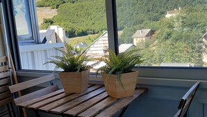 Varanda com mesa de madeira e duas samambaias em vasos, com vista para uma área residencial.