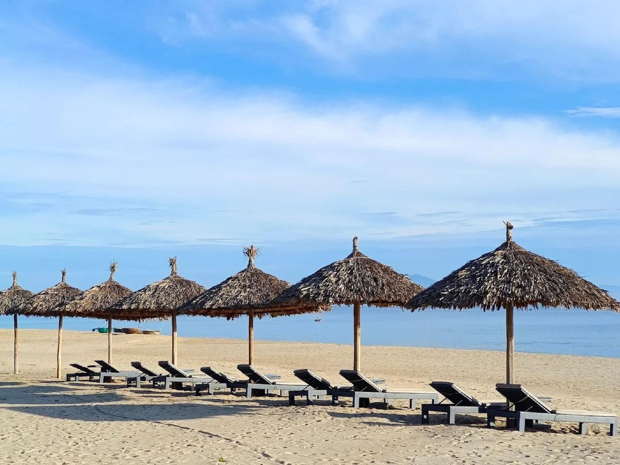 A beach with rows of sun loungers and thatched umbrellas.
