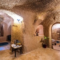 A room with a textured stone wall, a table with a kettle, a potted plant, and a small seating area.
