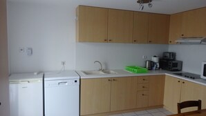 Kompakti keittiö, jossa on astianpesukone, pesuallas ja perusvarusteet.