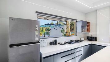 Fridge, microwave, oven, electric kettle