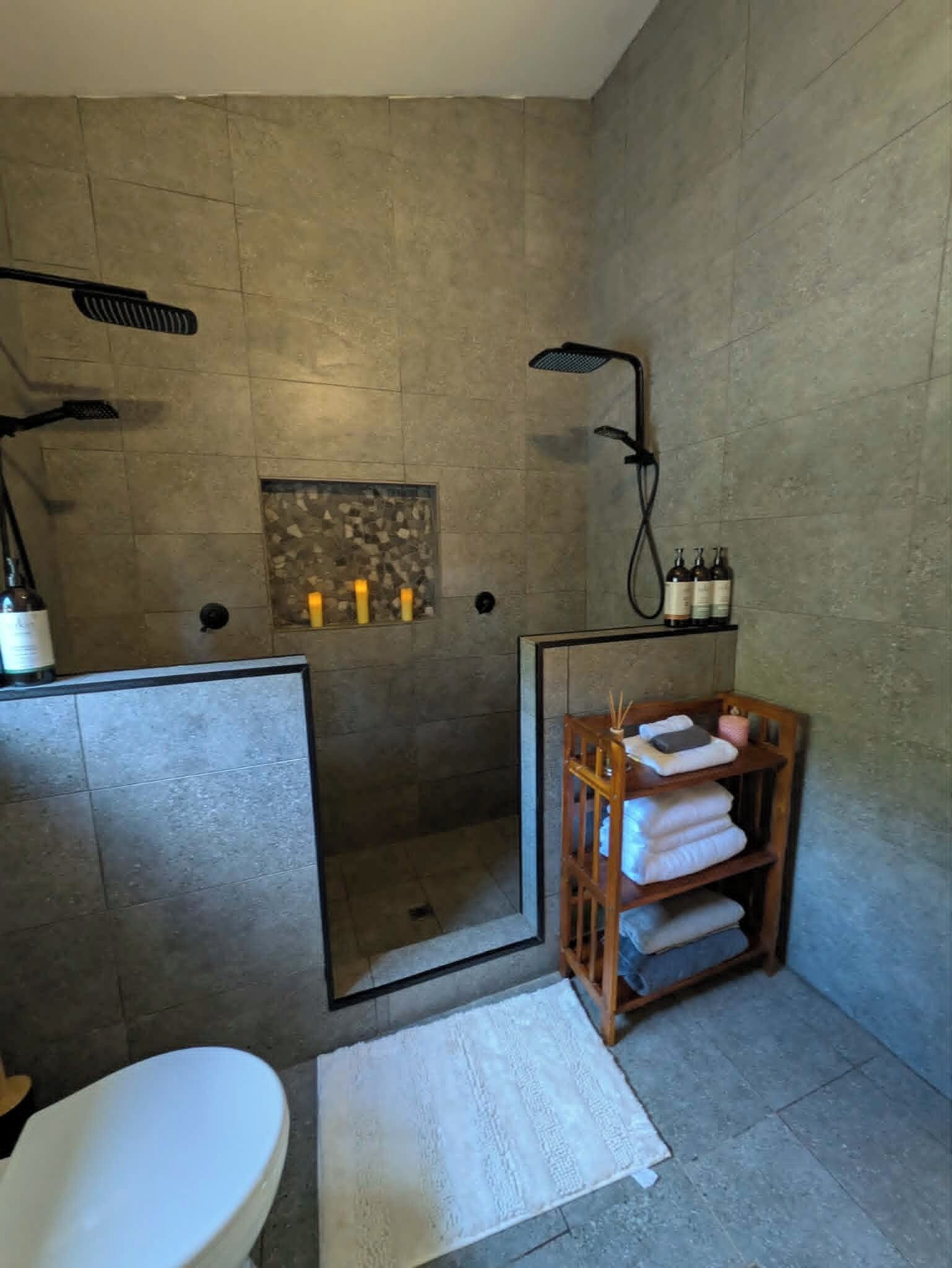 Hair dryer, towels, soap, shampoo