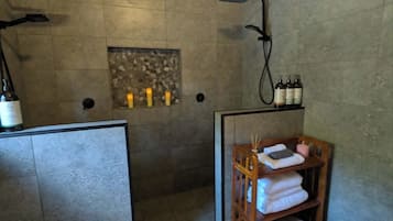 Hair dryer, towels, soap, shampoo