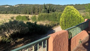 Un camí de maó amb una barana metàl·lica verda que condueix a una zona verda i exuberant amb arbres i un turó al fons.