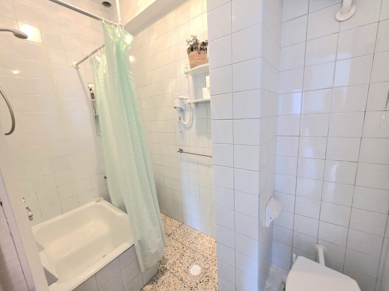 Hair dryer, towels, shampoo, toilet paper