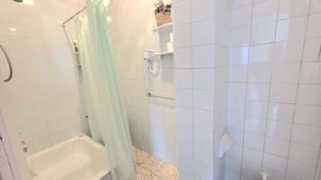 Hair dryer, towels, shampoo, toilet paper