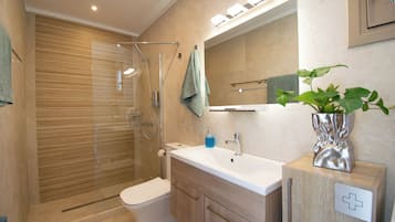 Douche, sèche-cheveux, serviettes fournies, savon
