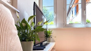 Ein modernes Wohnzimmer mit einer Couch, einem Flachbildfernseher und Topfpflanzen.