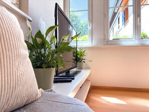 A modern living room with a sofa, a flat-screen TV, and potted plants. - Spacious vacation rental "Les Petits Bouchons" between Eguisheim and Colmar in the vineyards (Wettolsheim)