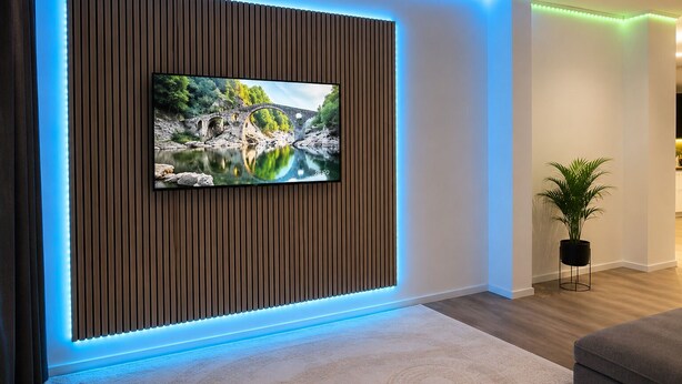 Un salon moderne avec un téléviseur à écran plat fixé sur un mur recouvert de panneaux en bois, un éclairage à bandes LED, une plante en pot et un canapé gris.